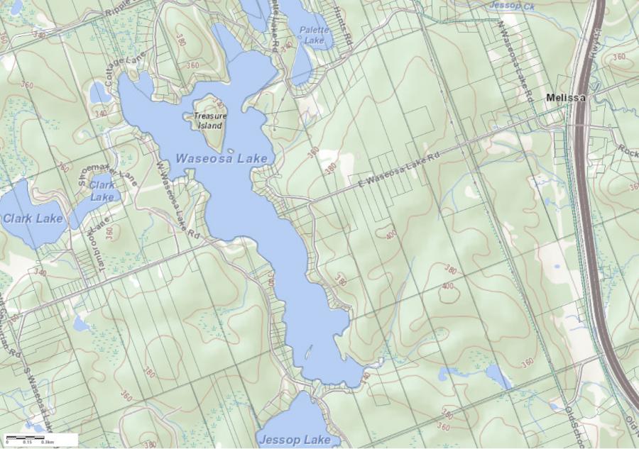 Topographical Map of Lake Waseosa in Municipality of Huntsville and the District of Muskoka